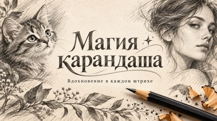 Карандашные рисунки котёнка, женского портрета и растений с надписью «Магия карандаша»